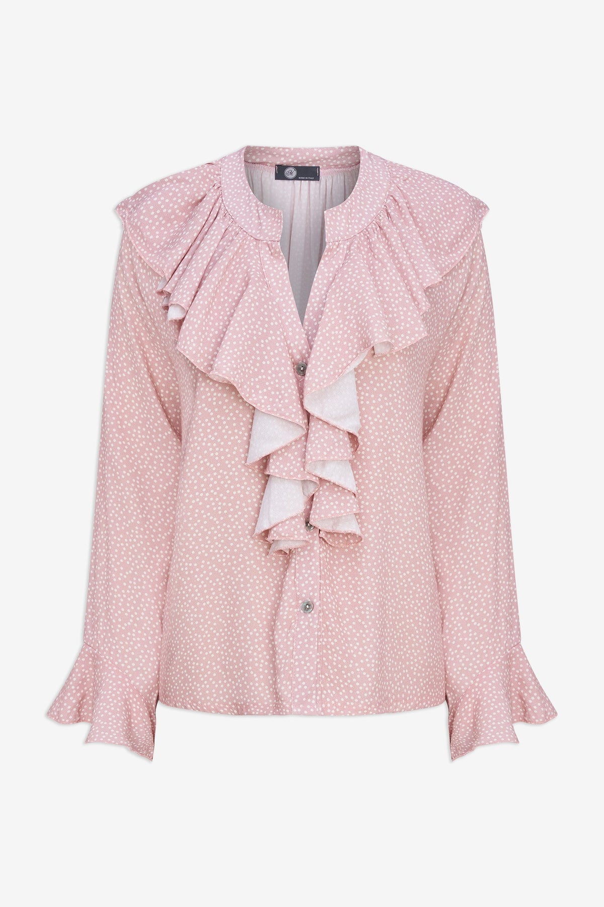 Women's Printed Button-Down Shirt with Ruffled Front, Collar & Cuffs