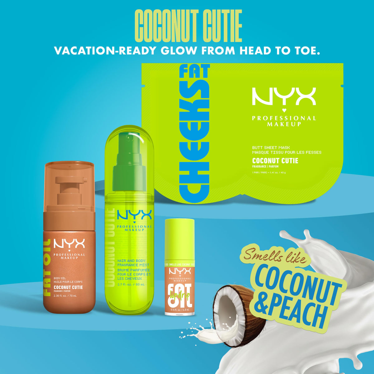 NYX Professional Makeup Fat Oil Body Oil, 24 HR Hydration, Gold Glowy Finish, Non-Sticky High-Shine Vegan Formula, Shimmering Luminous Skin, Coconut Cutie: Coconut & Peach Scent, 70 ml 🍁 All In One Marketplace Canada