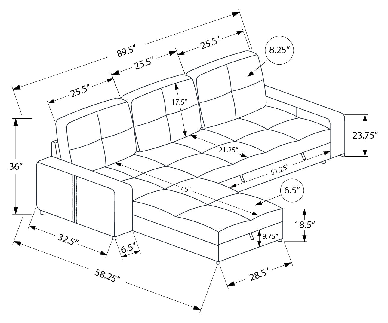 Sofa lit avec rangement de 90 po de Monarch - LUMOS-08 - tissu gris (8A14L08)