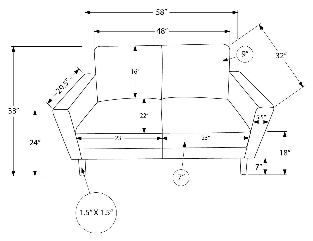 Causeuse de 58 po avec deux coussins de Monarch - RA-08- PU brun (8J22A08)