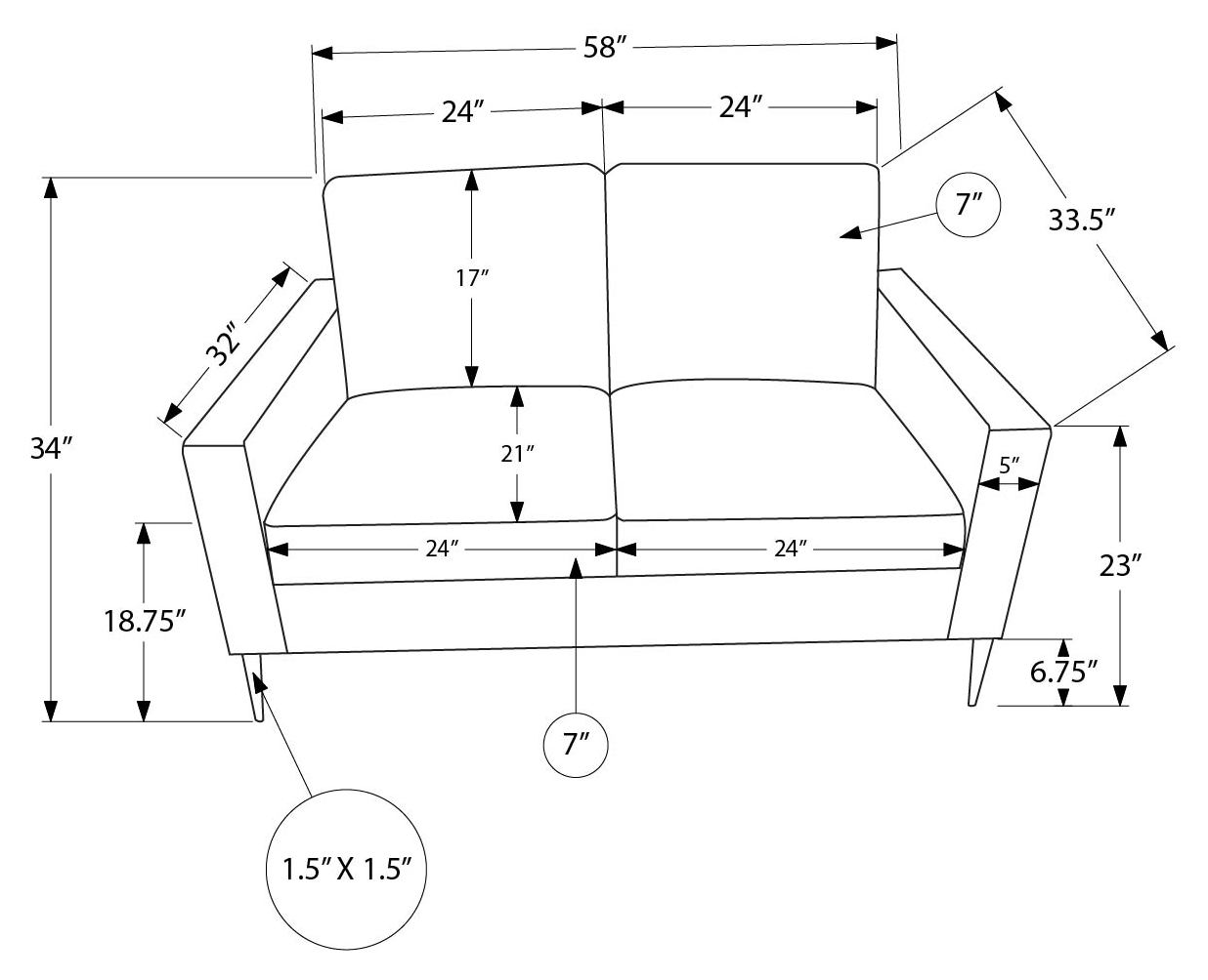 Causeuse de 58 po à deux coussins de Monarch - RA-02 - Cuir polyuréthane gris (8J32A02)