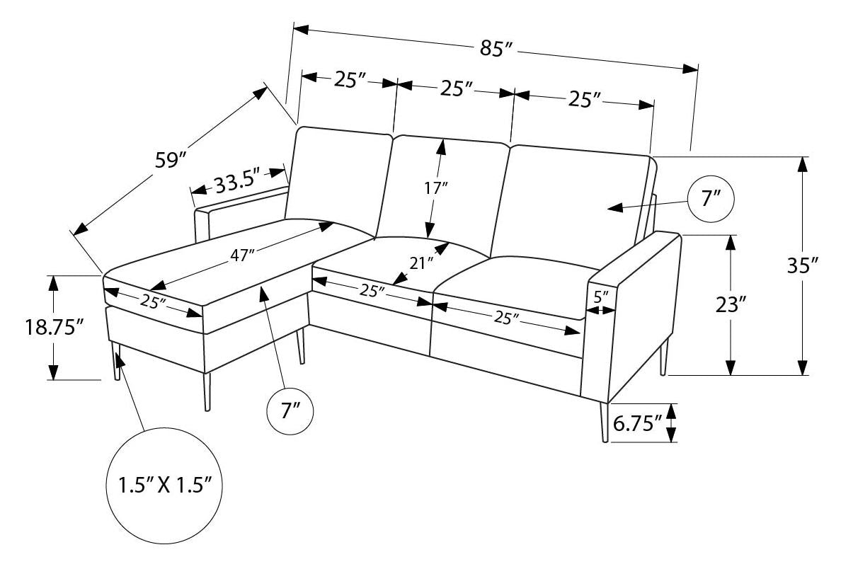 Sofa chaise longue de 85" Monarch - RA-02- PU gris (8J34A02)