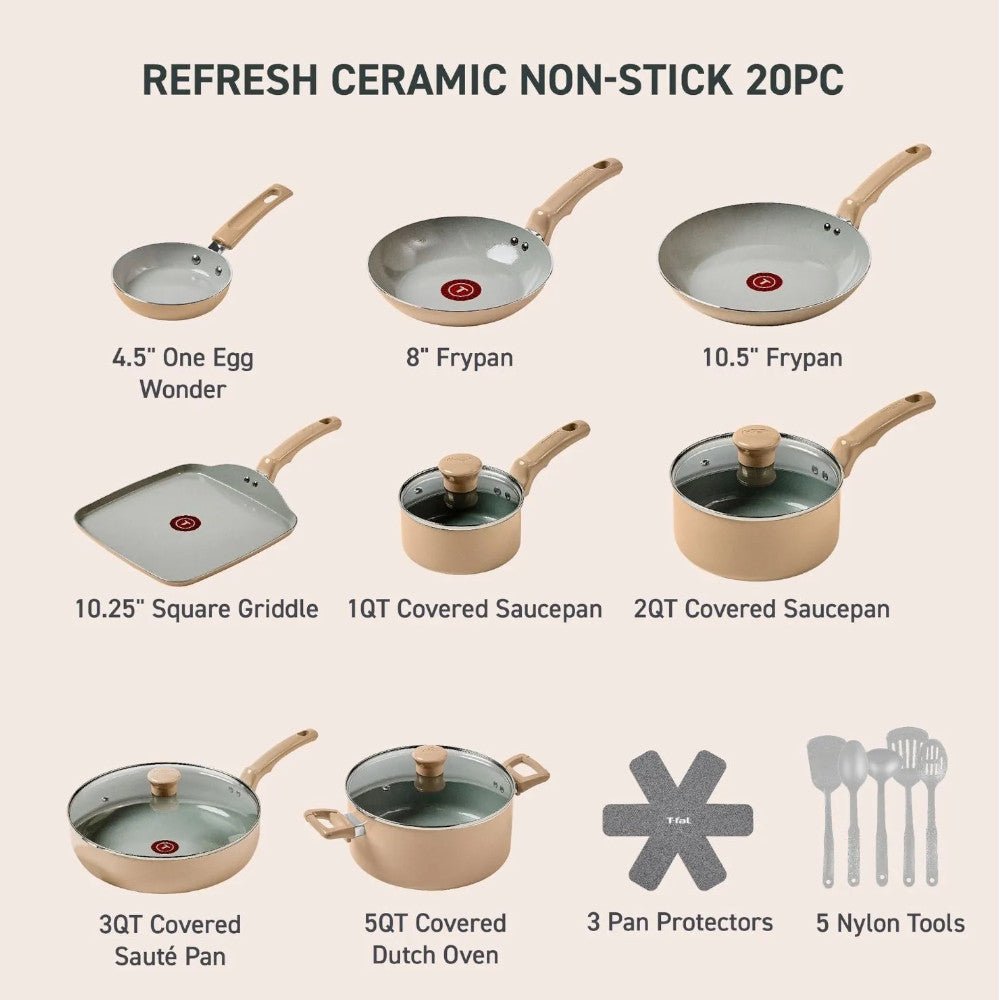 T-FAL C487SK64 Ceramic Refresh 20PC Cookware Set - Kastor