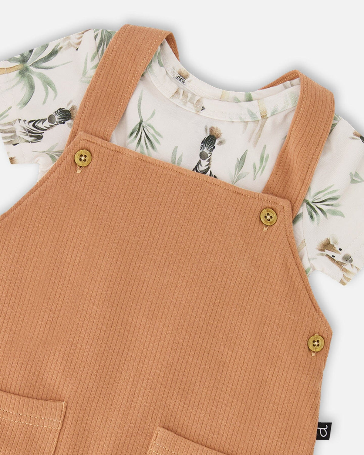 Organic Cotton Jersey Onesie And Cotton Rib Shortall Set Beige Zebra Print And Caramel