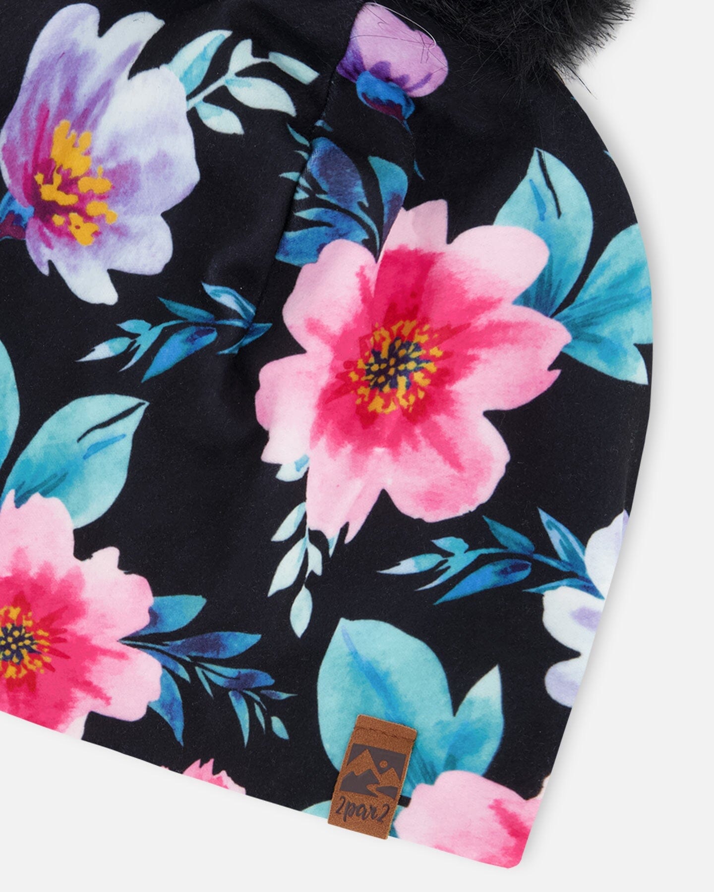 Stretch Jersey Hat Black Printed Flowers With Pompom