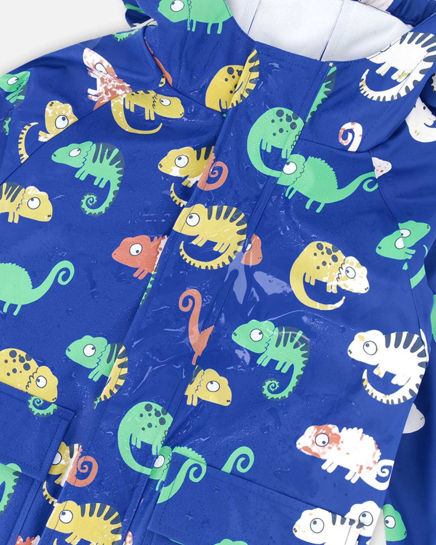 Blue raincoat with color-changing chameleon