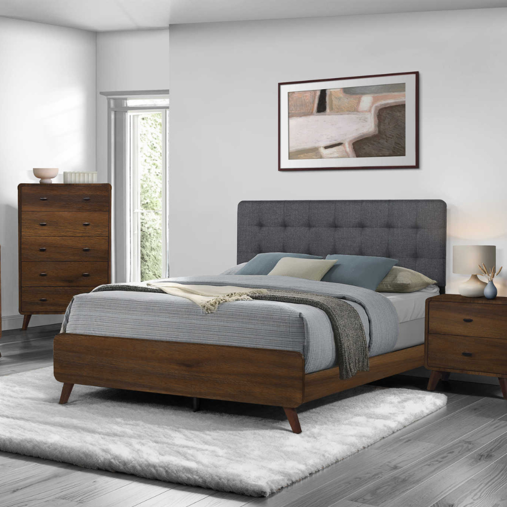 Queen Walnut/Grey Fabric Bed - Monarch (I5230Q)