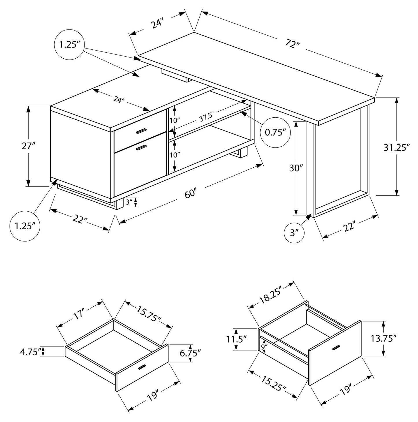 Bureau exécutif Monarch de 72 po de longueur, au fini bois clair et noir (I7712)
