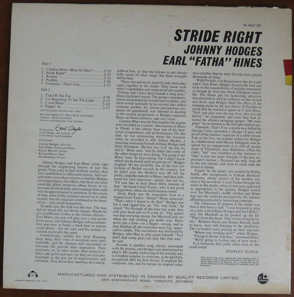 Johnny Hodges, Earl "Fatha" Hines / Stride Right - LP USED