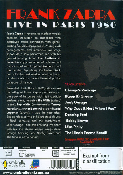 Frank Zappa / Live In Paris 1980 - DVD (Used)