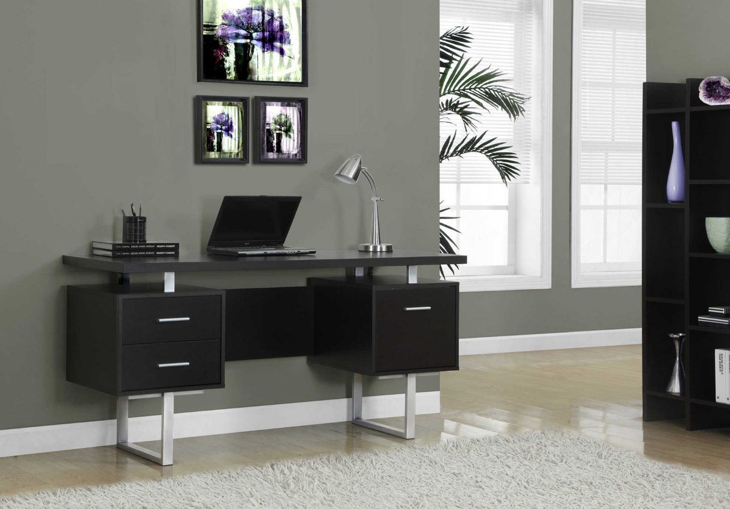 Modern computer desk in black and metallic grey, espresso (I 7080)
