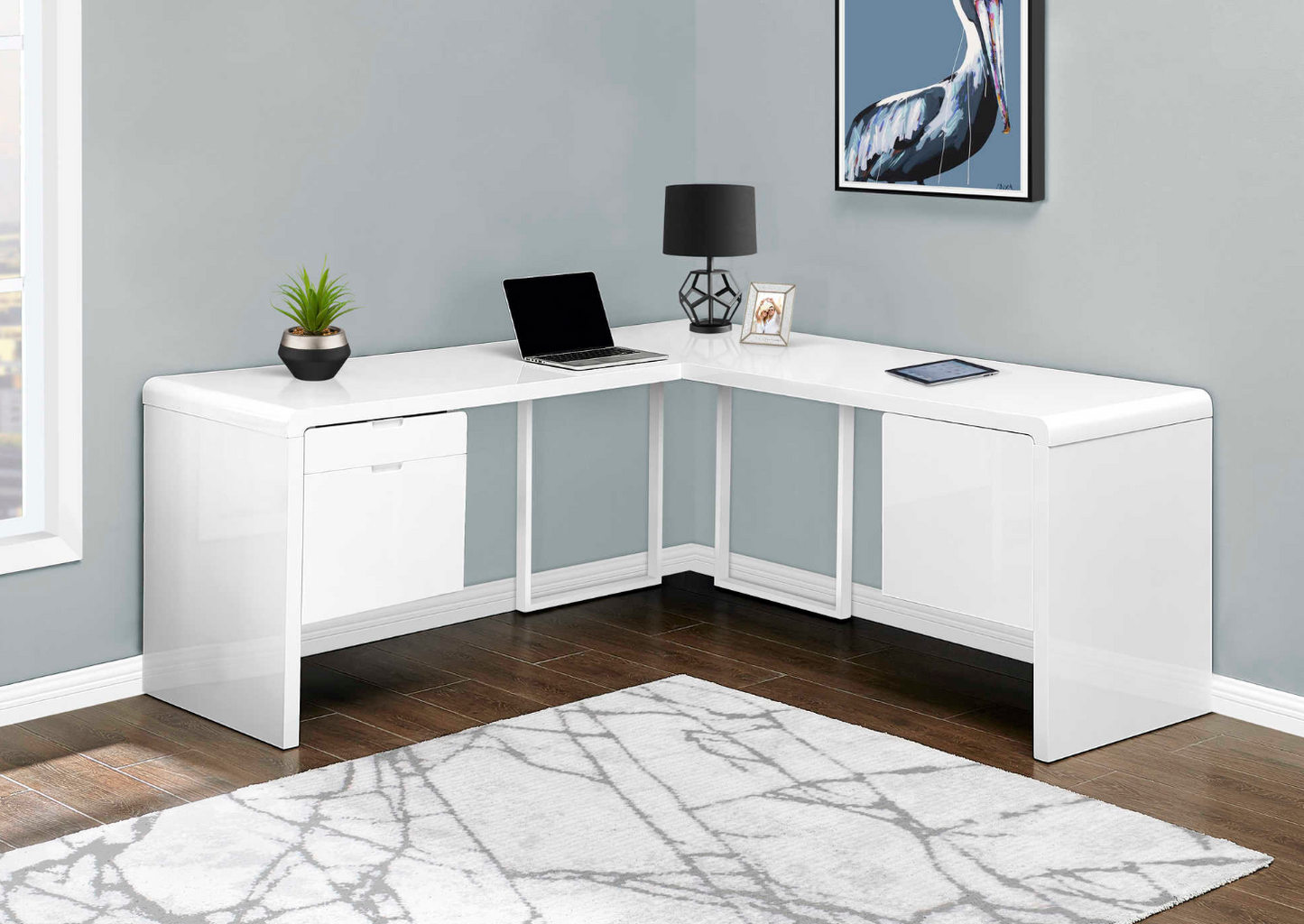 Modern Computer Desk in Glossy White Corner (I 7582)