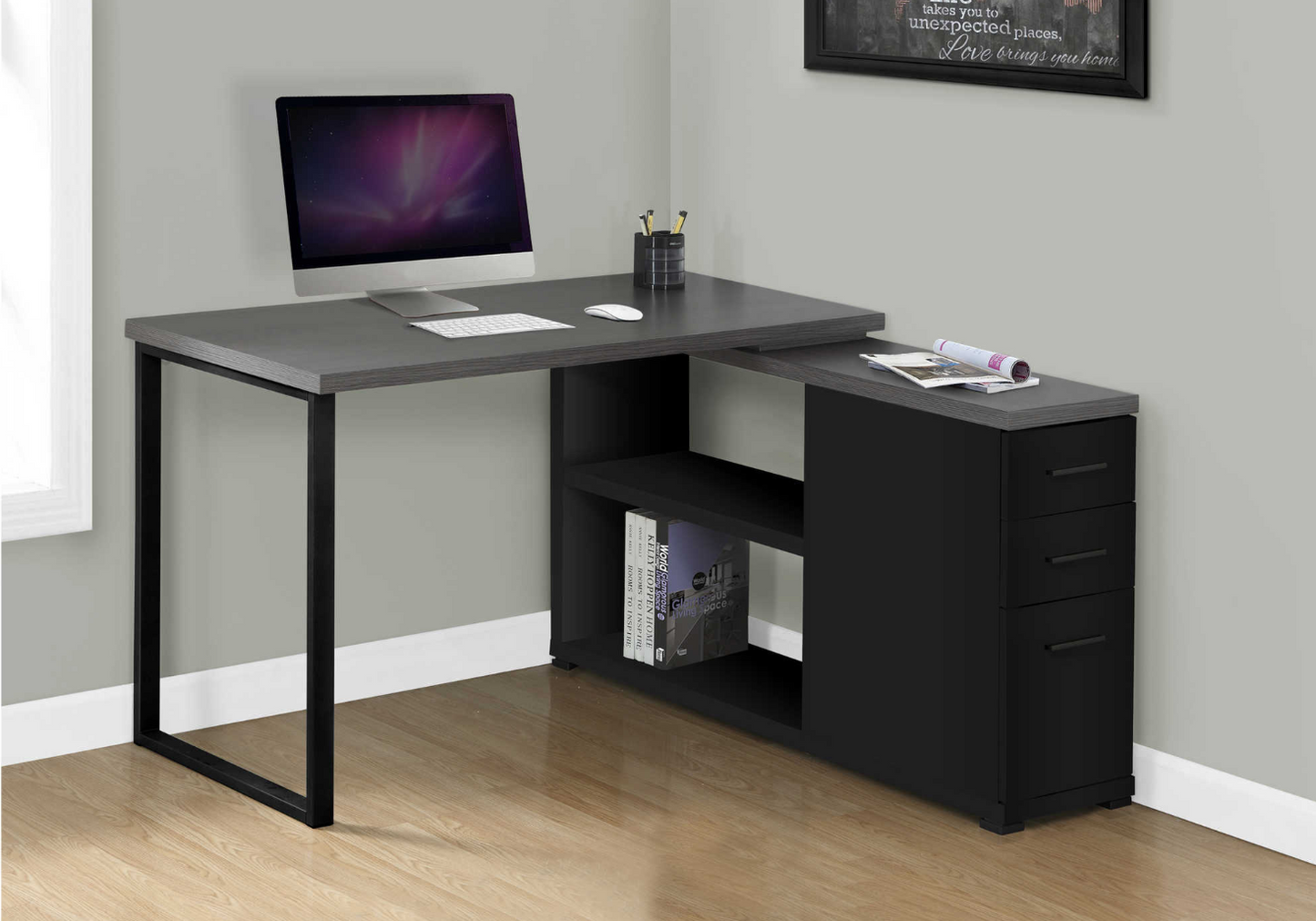 Modern grey and black corner computer desk (I 7433)
