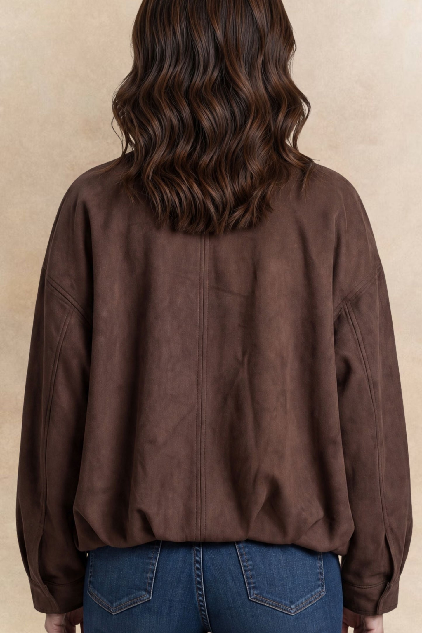 Valerie Brown Faux Suede Zip Oversize Jacket