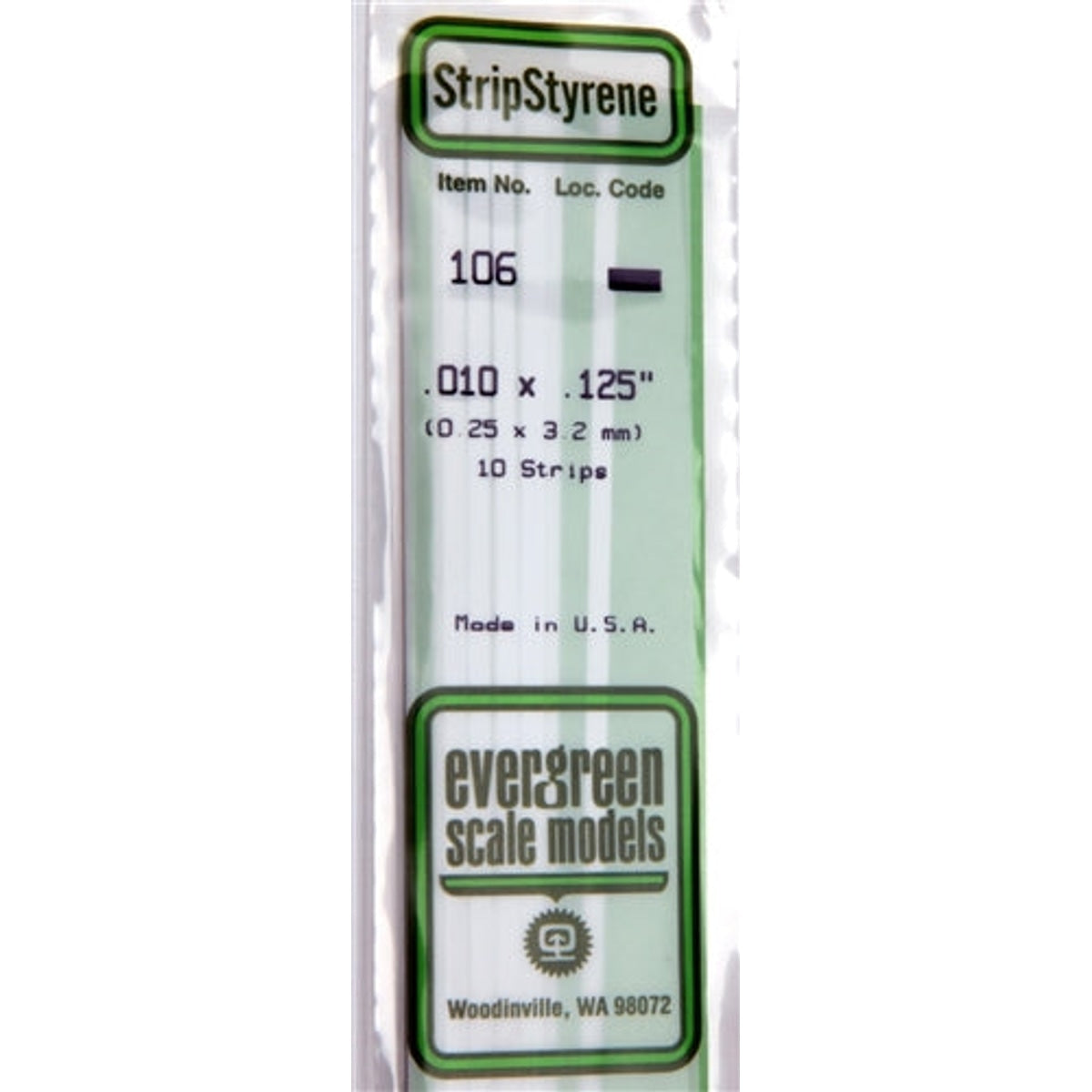 Evergreen Scale Models 106 Styrene Strip .010 x .125" (0.25 x 3.2 mm) 14" Long 10 strips NIB