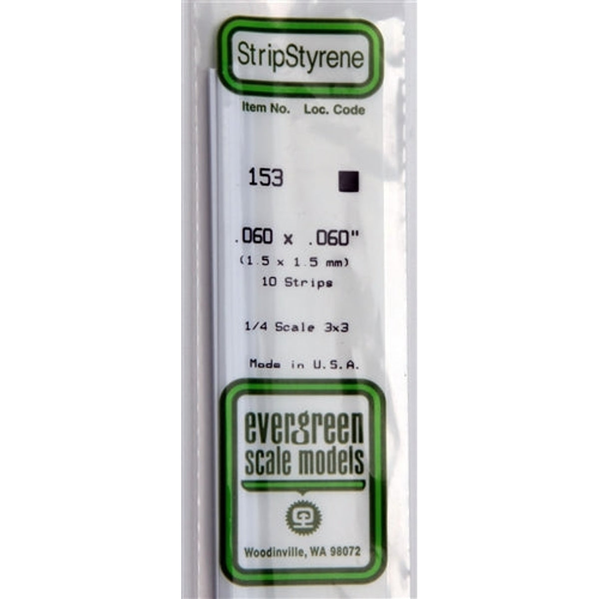 Evergreen Scale Models 153 Styrene Strips .060 x .060" (1.5 x 1.5 mm) 10 strips NIB