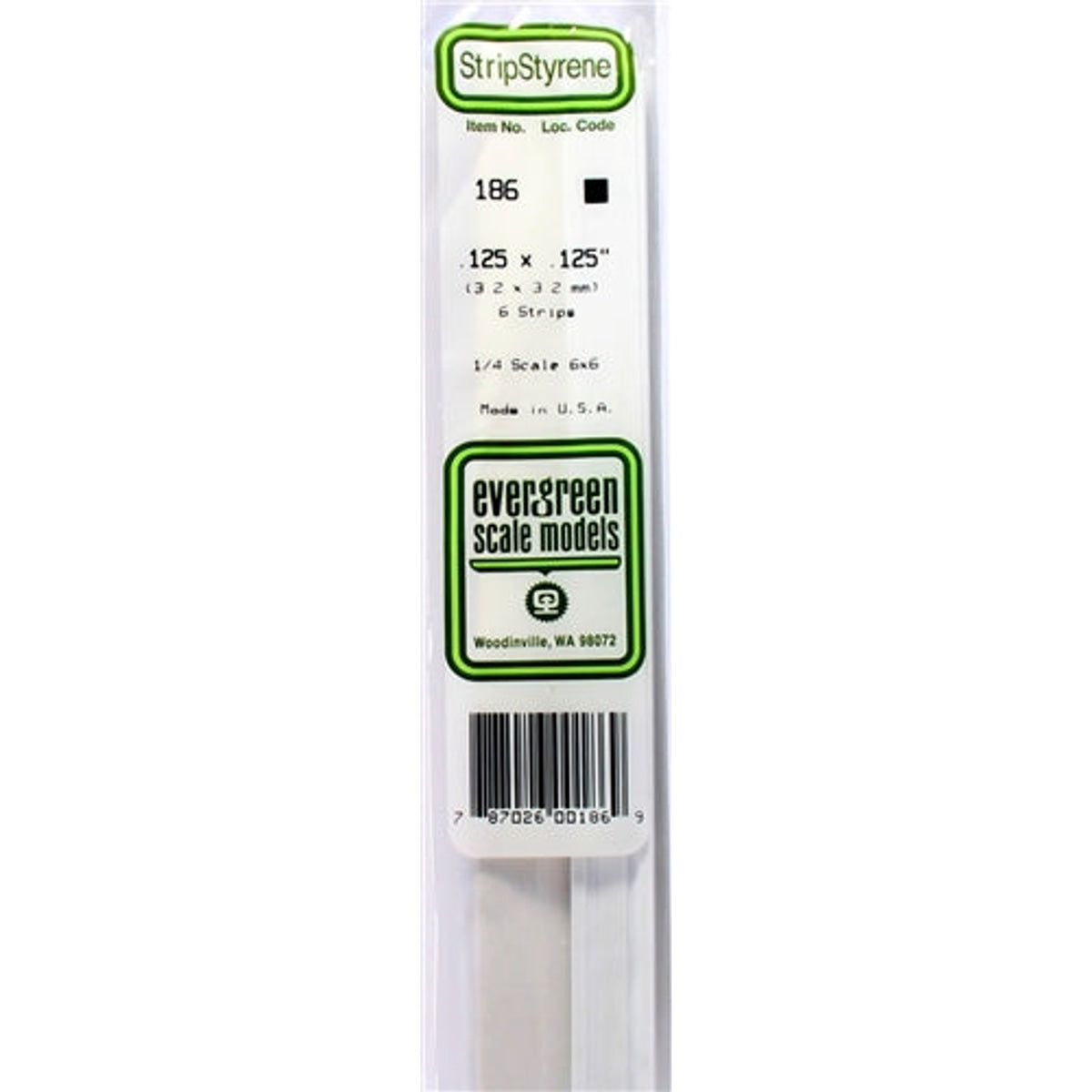 Evergreen Scale Models 186 Styrene Strip .125 X .125" (3.2 X 3.2mm) 6 strips NIB