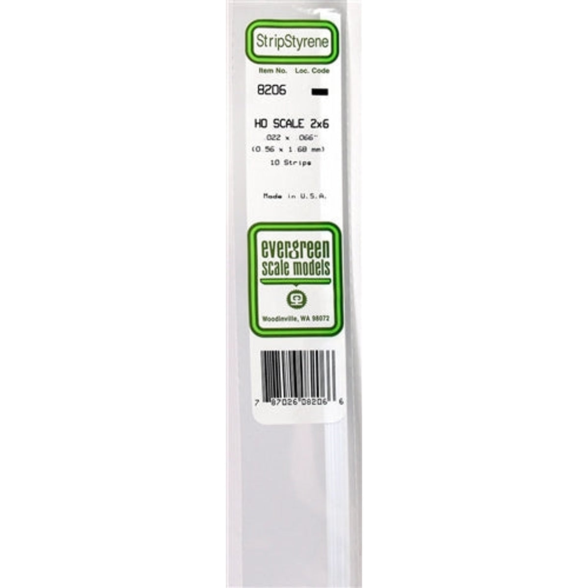 Evergreen Scale Models 8206 Styrene Strip 2x6 .022" x .066" (0.56 x 1.68mm) 10 strips NIB