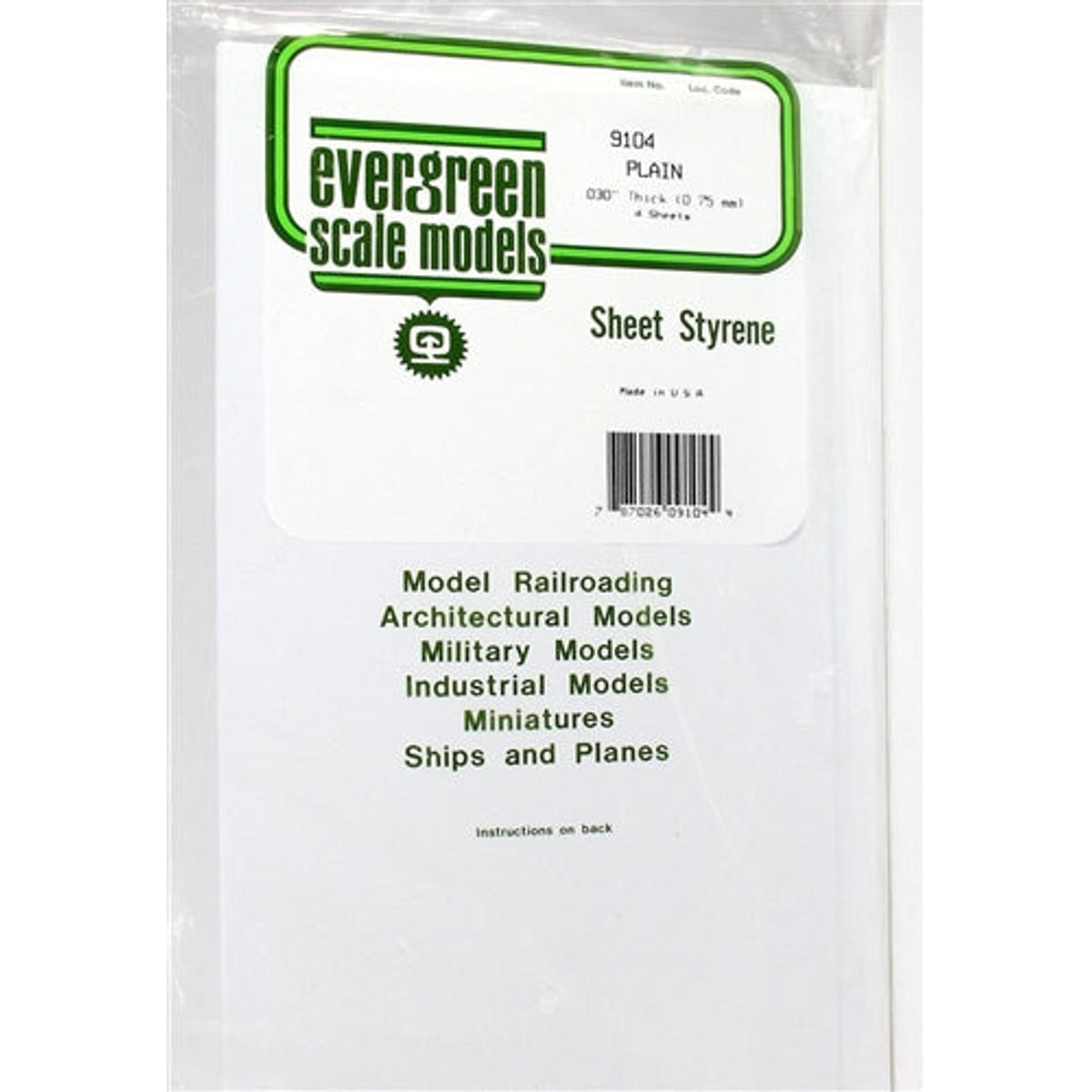 Evergreen Scale Models 9104 Sheet Styrene 8 x 21" (20.3 x 53.3cm) .030" Thick (0.75mm) Pkg of 4 NIB