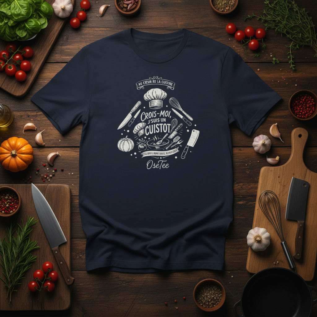 T-shirt Crois-Moi J'suis un Cuistot OseTee flat lay sur table de cuisine rustique
