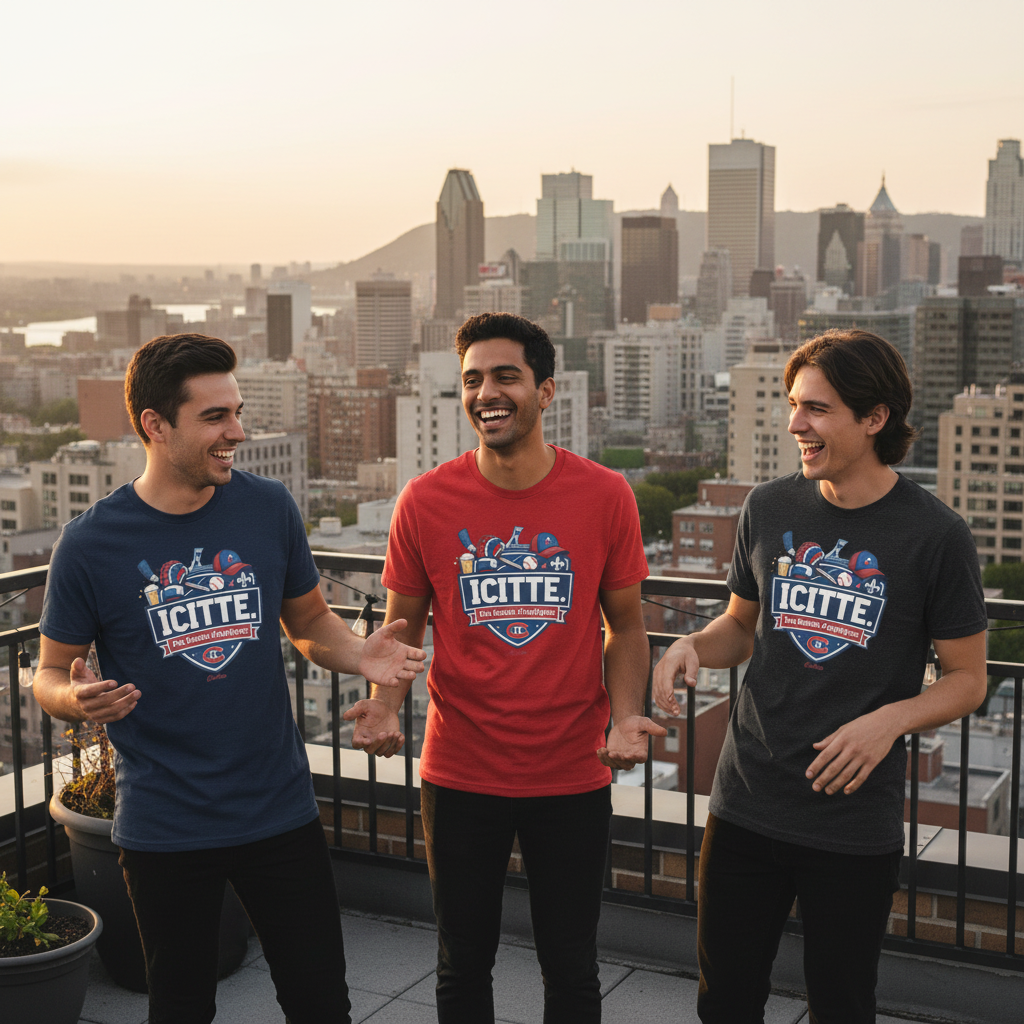 Icitte. Pas besoin d'expliguer. — T-shirt OseTee, rooftop Montréal, navy, red et dark grey
