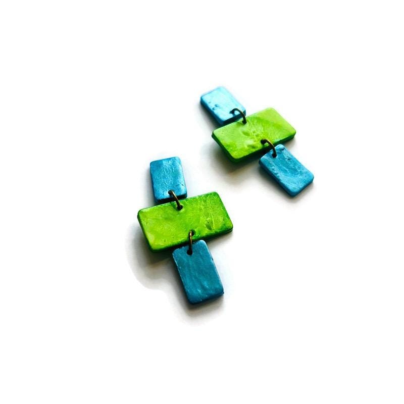Neon Green & Blue Statement Jewelry Set, Post or Clip On – Handmade