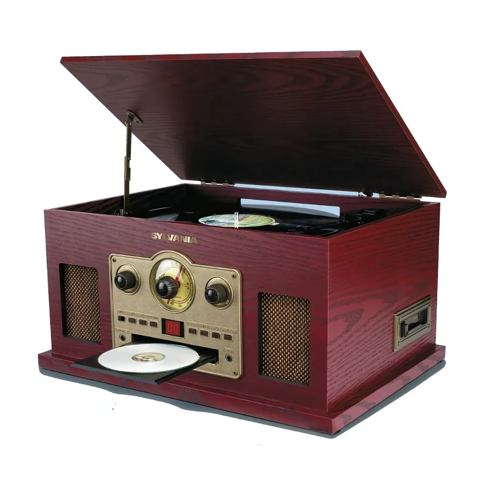 Sylvania 6-in-1 Bluetooth Retro Record Player with CD Player, Cassette Player, AUX Input, and AM/FM Radio - Wood Finish (SRCD838BT)