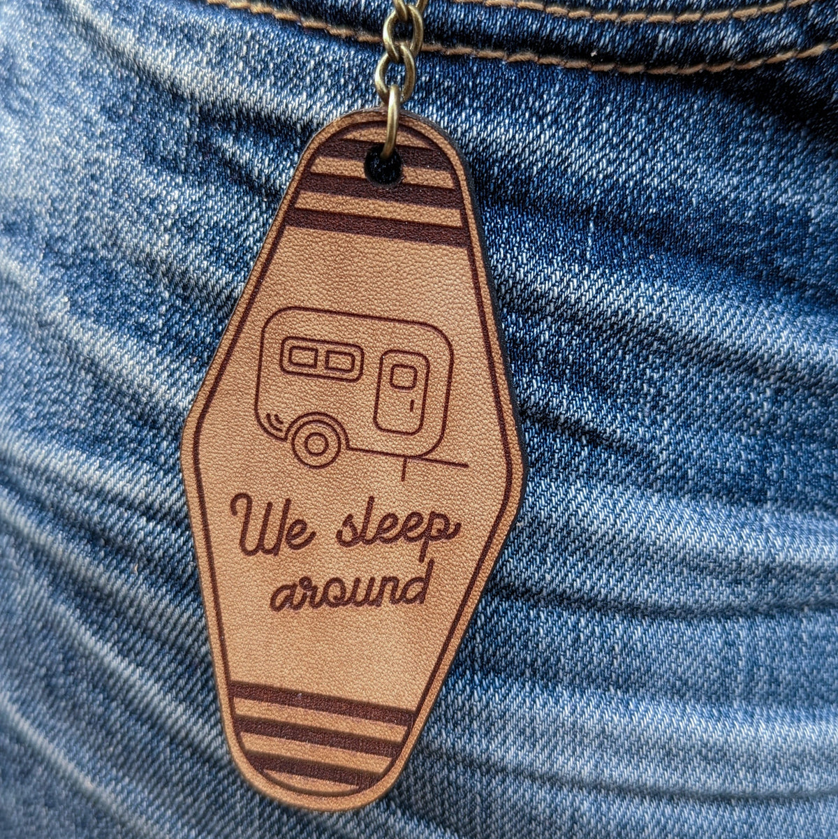 Vintage Motel Key Leather Keychain | We sleep around
