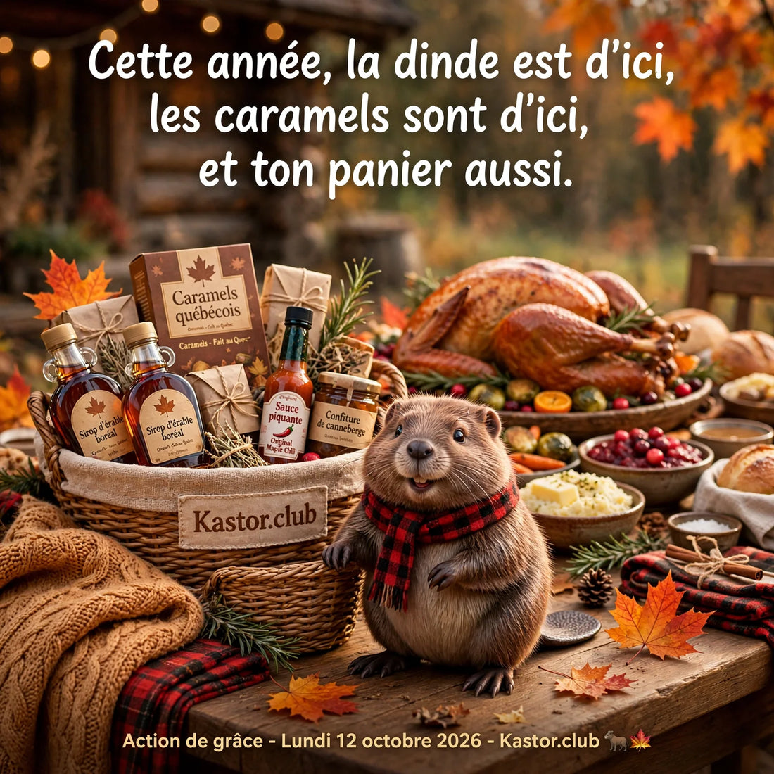 Table de l'Action de grâce 2026 garnie de produits canadiens de Kastor.club