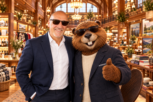 Illustration of Renaud Bouchard and Kastor the beaver in an imagined Canadian department store