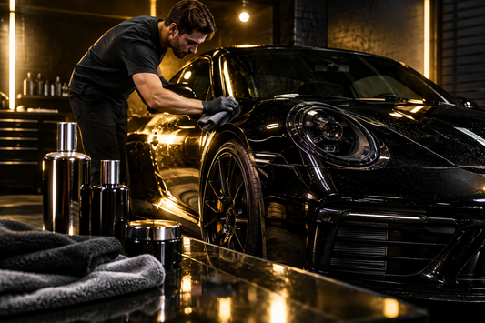 Voiture noire brillante en plein detailing avec produits CARZILLA, lumière dorée cinématique