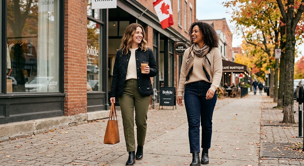 Two women wearing Bolide clothing walking on a Canadian street in autumn — available on kastor.club