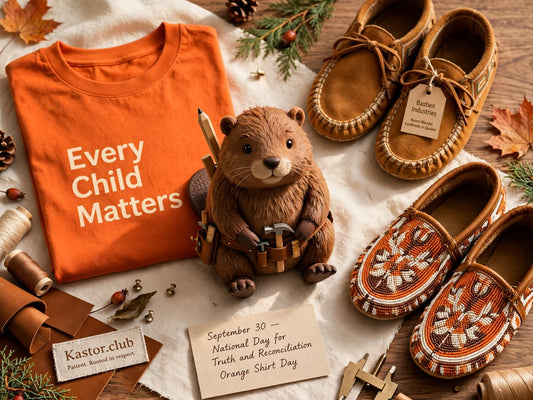 National Day for Truth and Reconciliation: Every Child Matters orange shirt, Kastor beaver and Indigenous moccasins