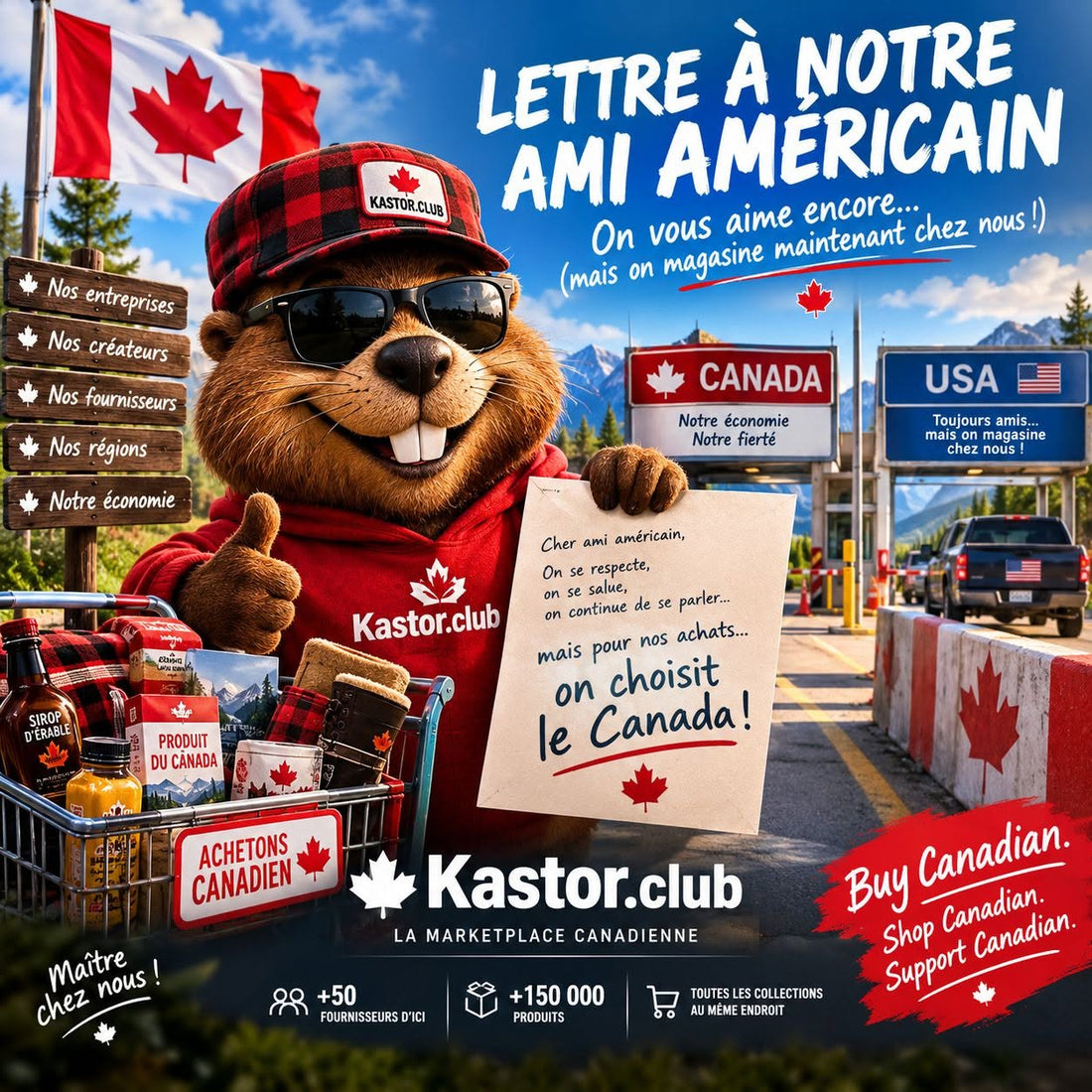 Kastor.club — Lettre à notre ami américain, le castor canadien à la frontière avec panier d'achats canadiens