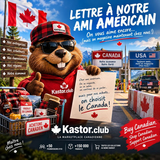 Kastor.club — Lettre à notre ami américain, le castor canadien à la frontière avec panier d'achats canadiens