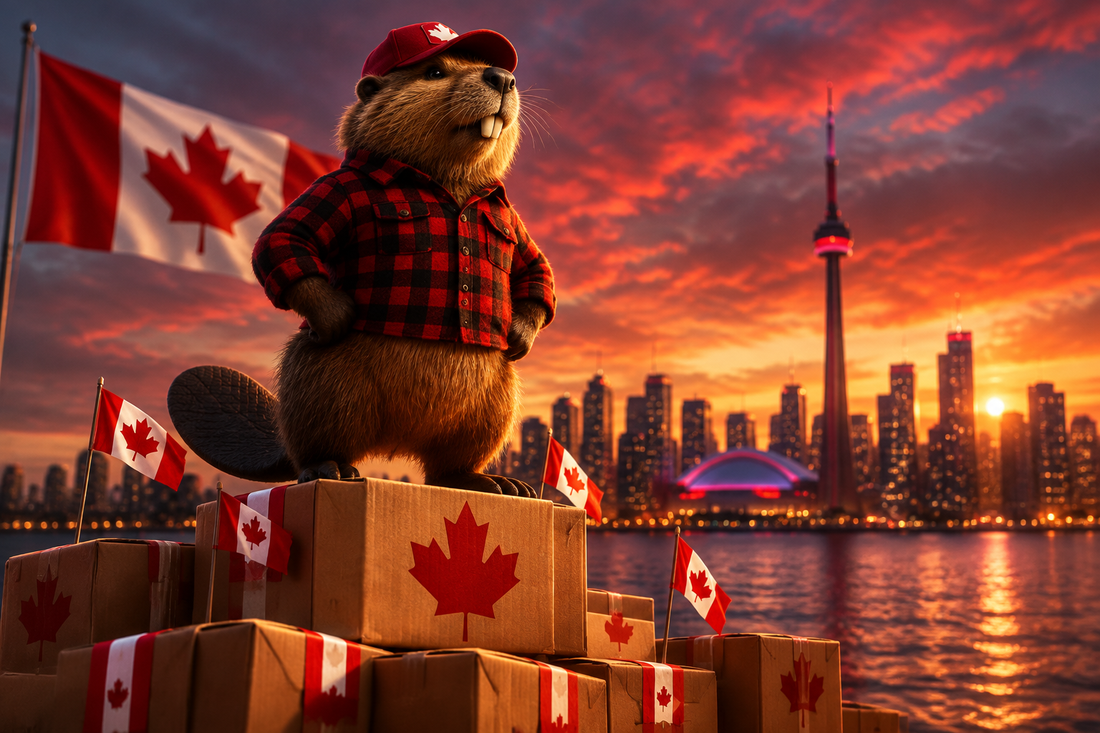 A Canadian beaver builder mascot standing on shipping boxes with maple leaf flags in front of a city skyline at sunset, representing Kastor.club's Canadian shopping mall
