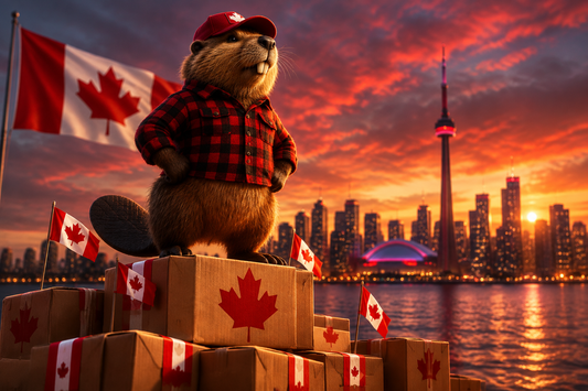 A Canadian beaver builder mascot standing on shipping boxes with maple leaf flags in front of a city skyline at sunset, representing Kastor.club's Canadian shopping mall