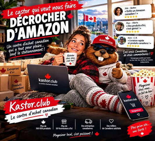Le castor bâtisseur de Kastor.club entouré de témoignages clients canadiens et de boîtes de produits d'ici, présentant le centre d'achat canadien en ligne