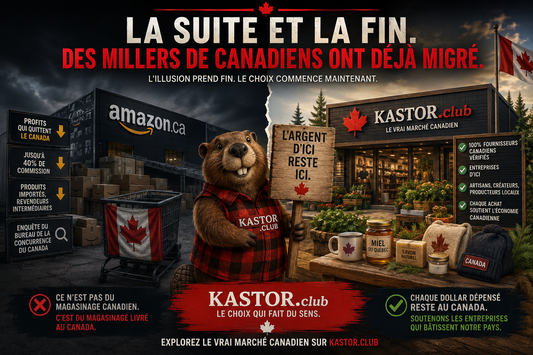 Amazon.ca vs Kastor.club — La suite et la fin. Le castor Kastor tient une pancarte 'L'argent d'ici reste ici.' face à un entrepôt Amazon.