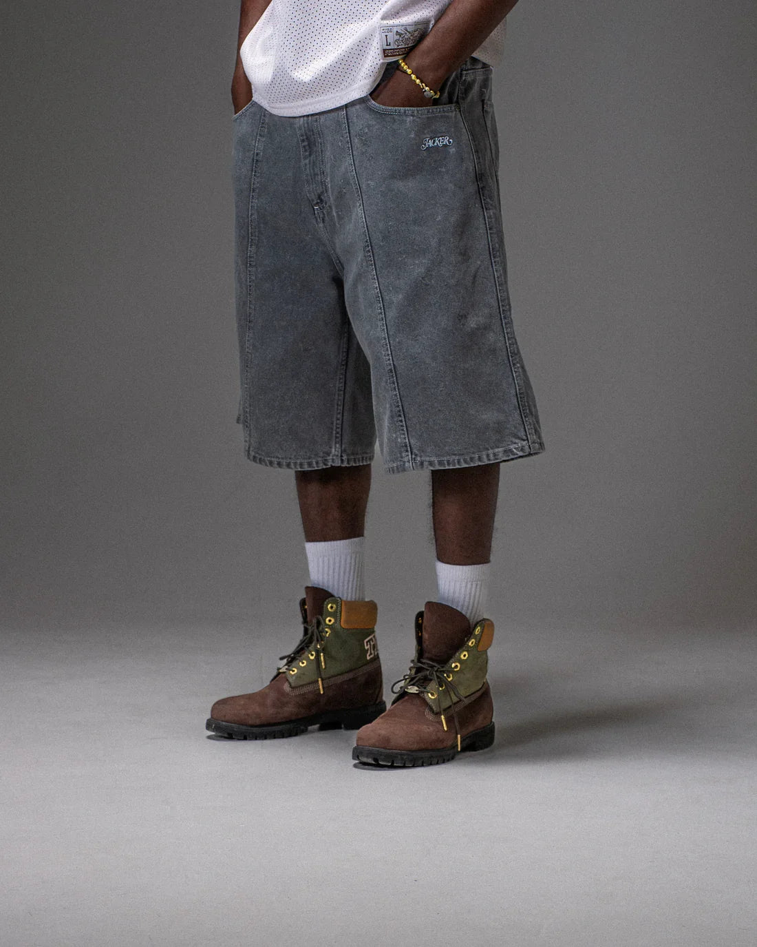 Jacker '3 Stripes' Denim Baggy Shorts - Grey