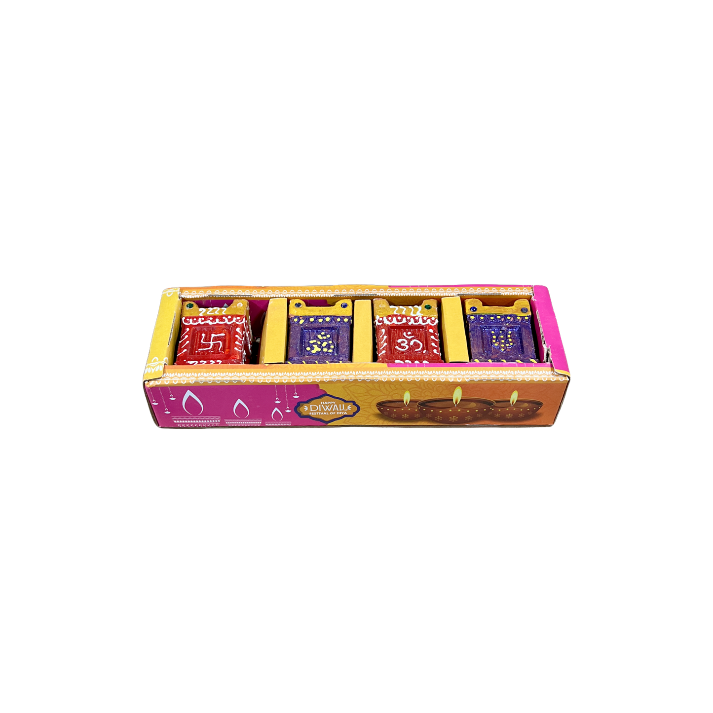 Colourful Tulsi Diya with Wax - Set of 4