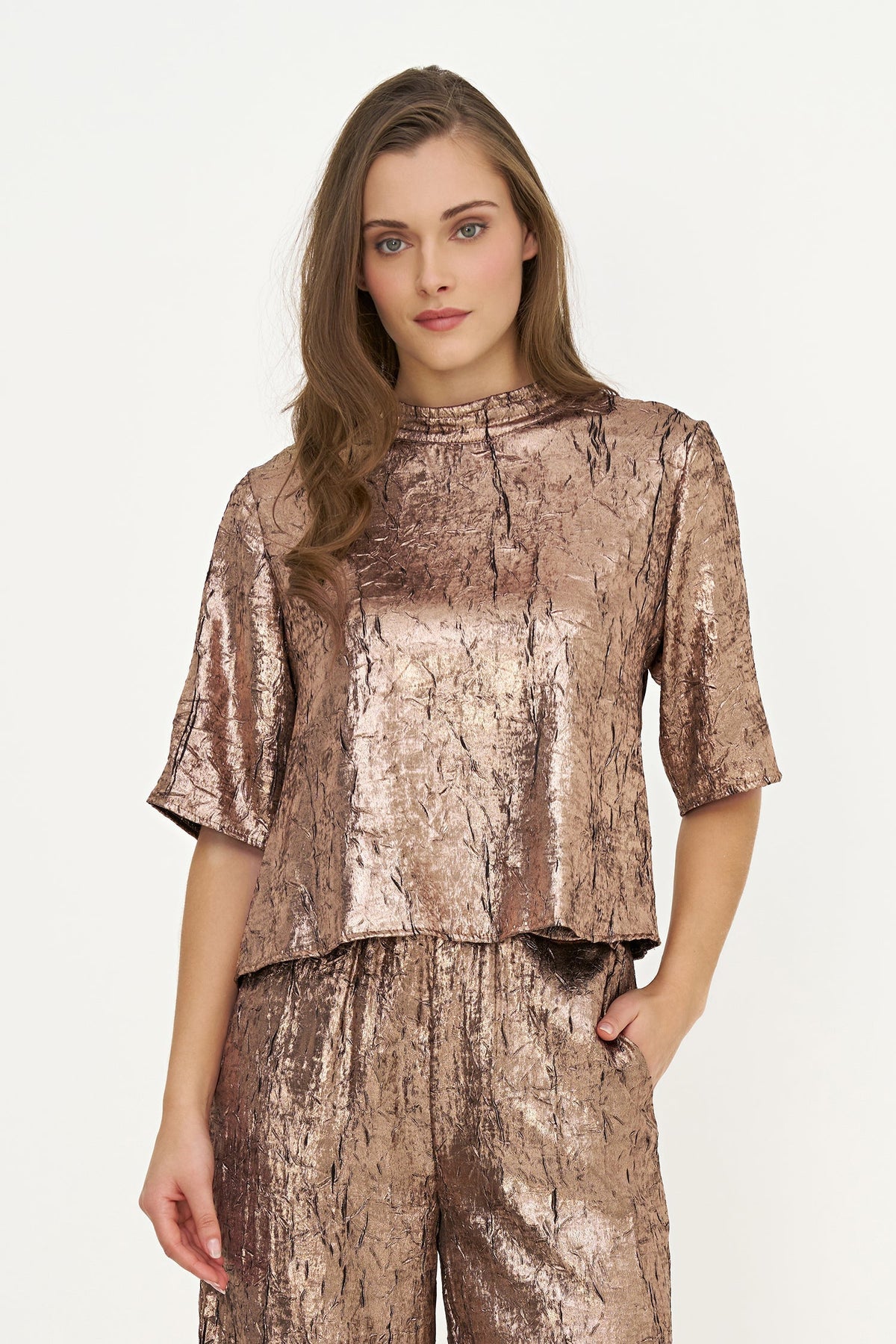 Women's Woven Mock-Neck Top with Elbow-Length Sleeves
