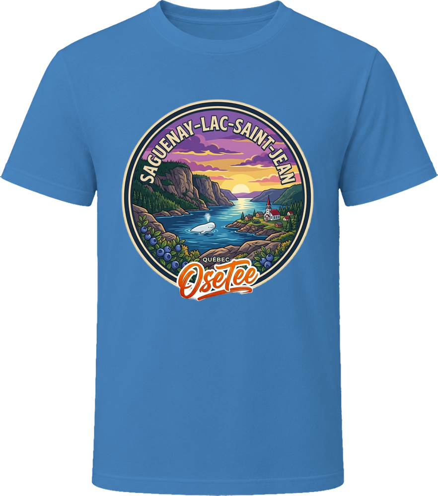 T-shirt Saguenay–Lac-Saint-Jean OseTee – badge paysage coloré, Quebec region t-shirt