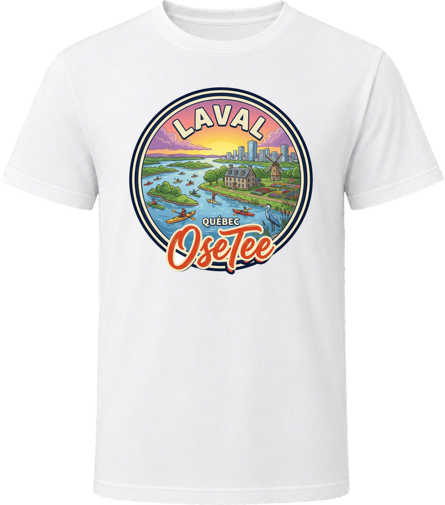 T-shirt Laval OseTee – badge illustré coucher de soleil, Quebec region t-shirt