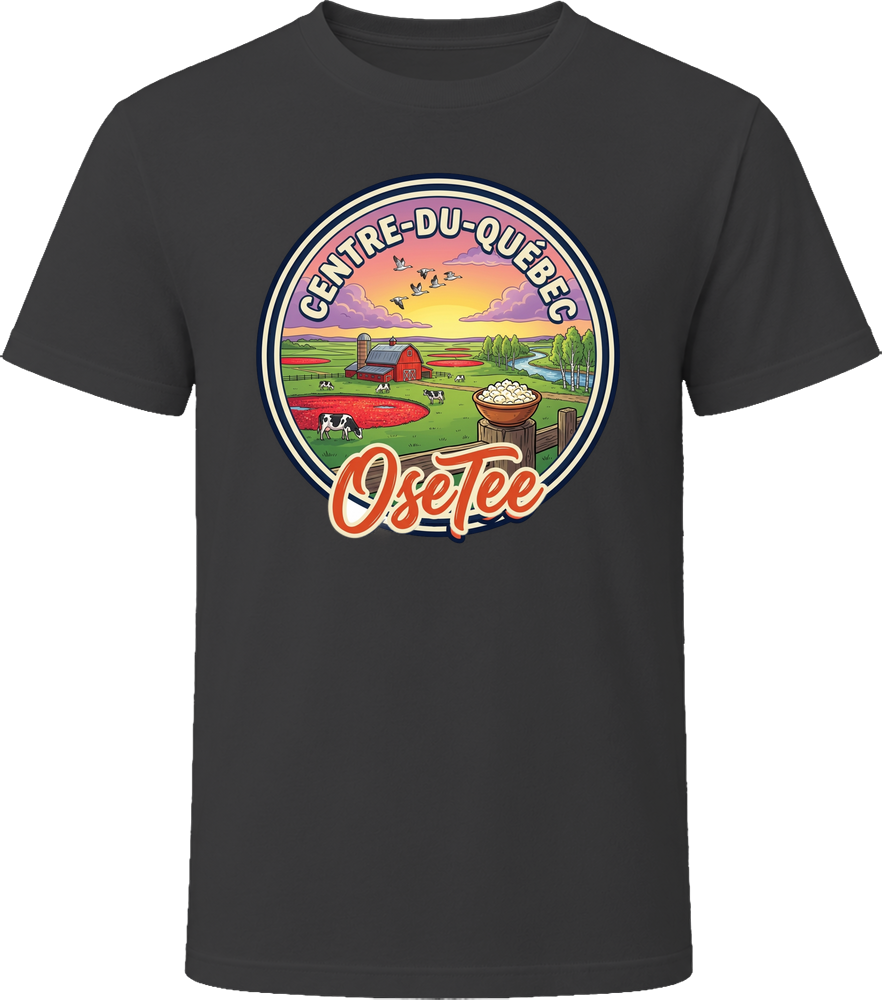 T-shirt Centre-du-Québec OseTee – badge illustré coucher de soleil, Quebec region t-shirt