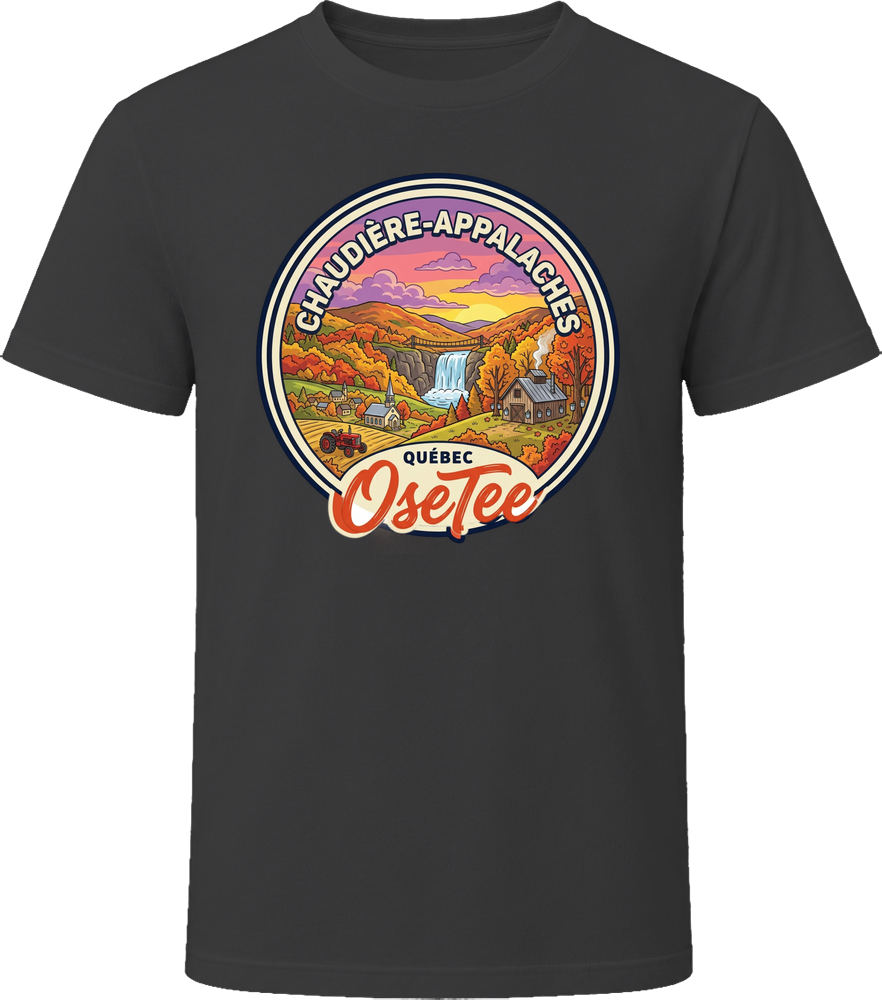 T-shirt Chaudière-Appalaches OseTee – badge illustré coucher de soleil, Quebec region t-shirt