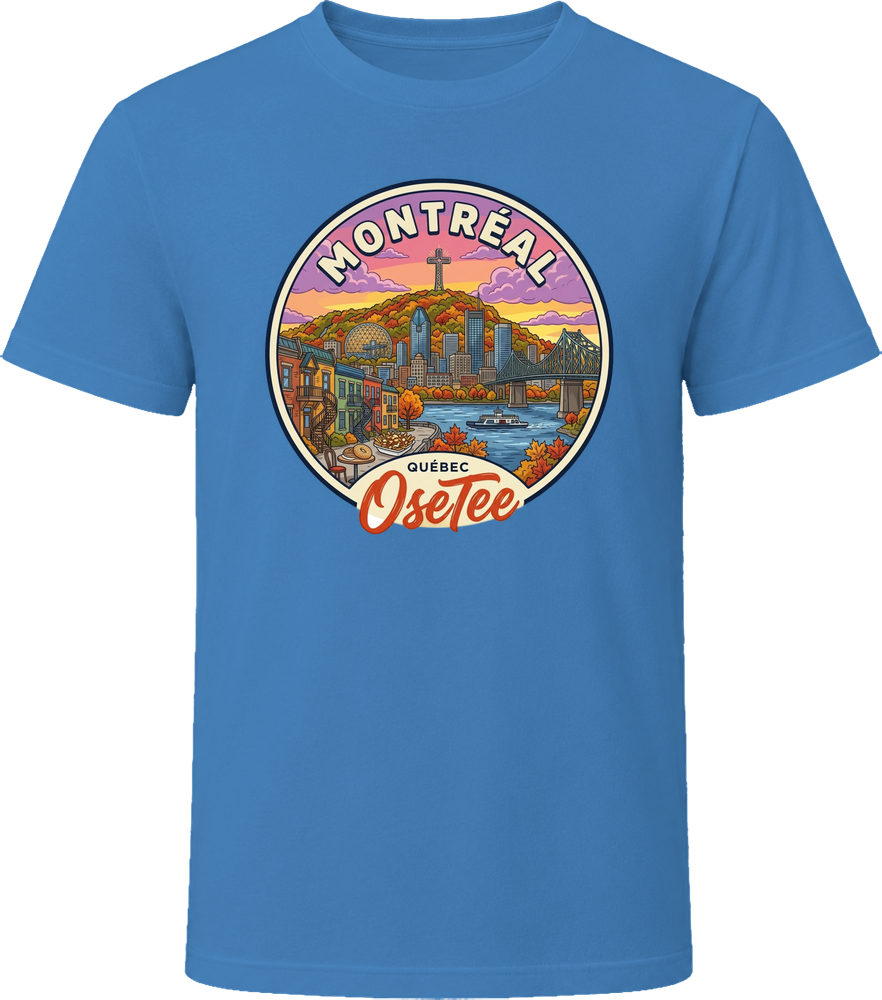T-shirt Montréal OseTee – badge illustré coucher de soleil, Quebec region t-shirt