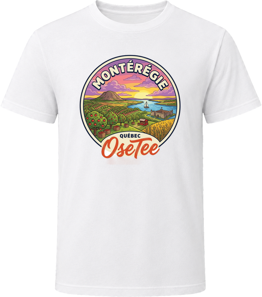 T-shirt Montérégie OseTee – badge illustré coucher de soleil, Quebec region t-shirt