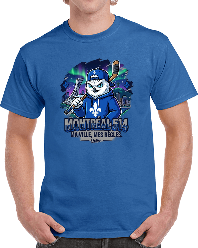 T-shirt Montréal 514 OseTee – harfang des neiges avec bâton de hockey, Stade olympique et aurores boréales, « Ma ville, mes règles »