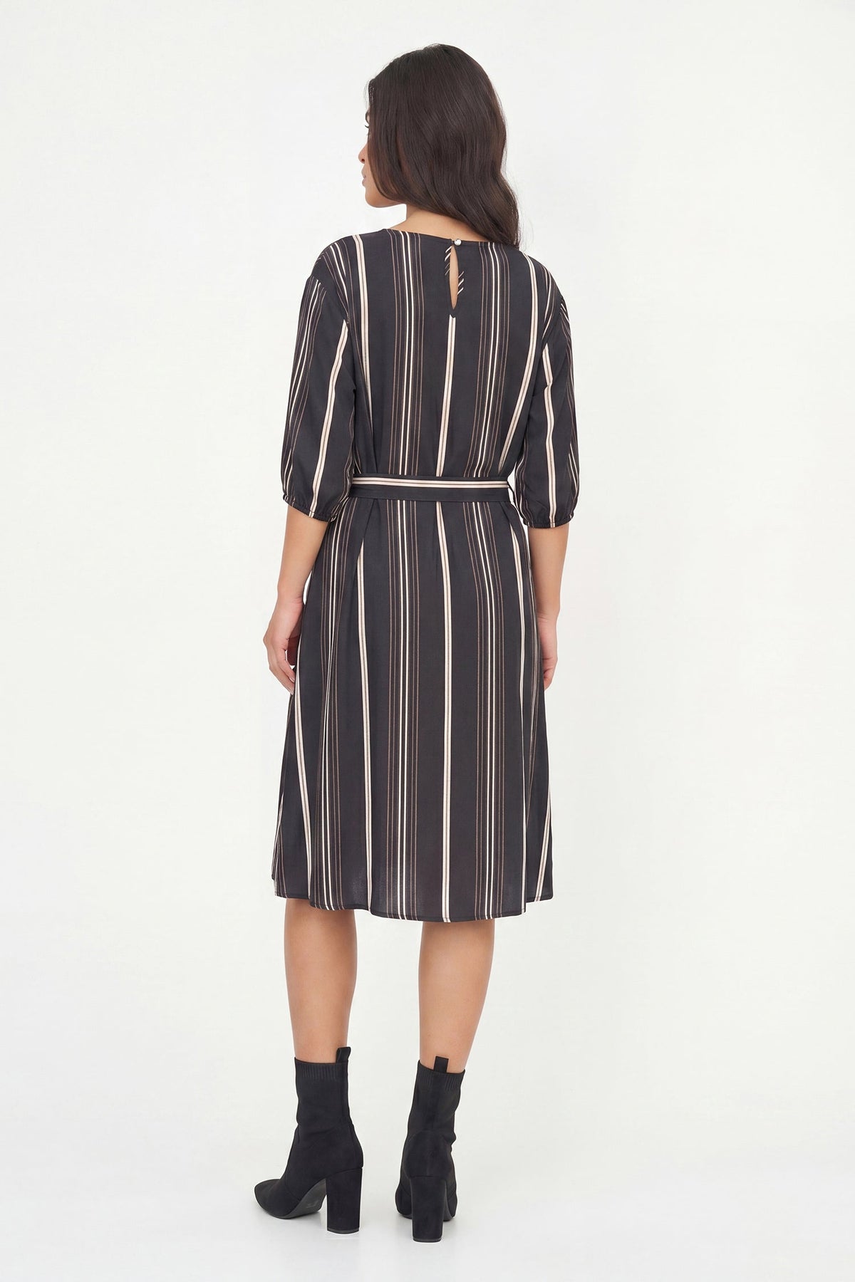 Women's Woven Printed Crew-Neck Dress, with Long Sleeves, a Removable Belt & Side Seam Pockets